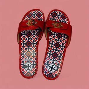 Tory Burch Dixon Red Patent Leather Wooden Sandals, Size 8.5M